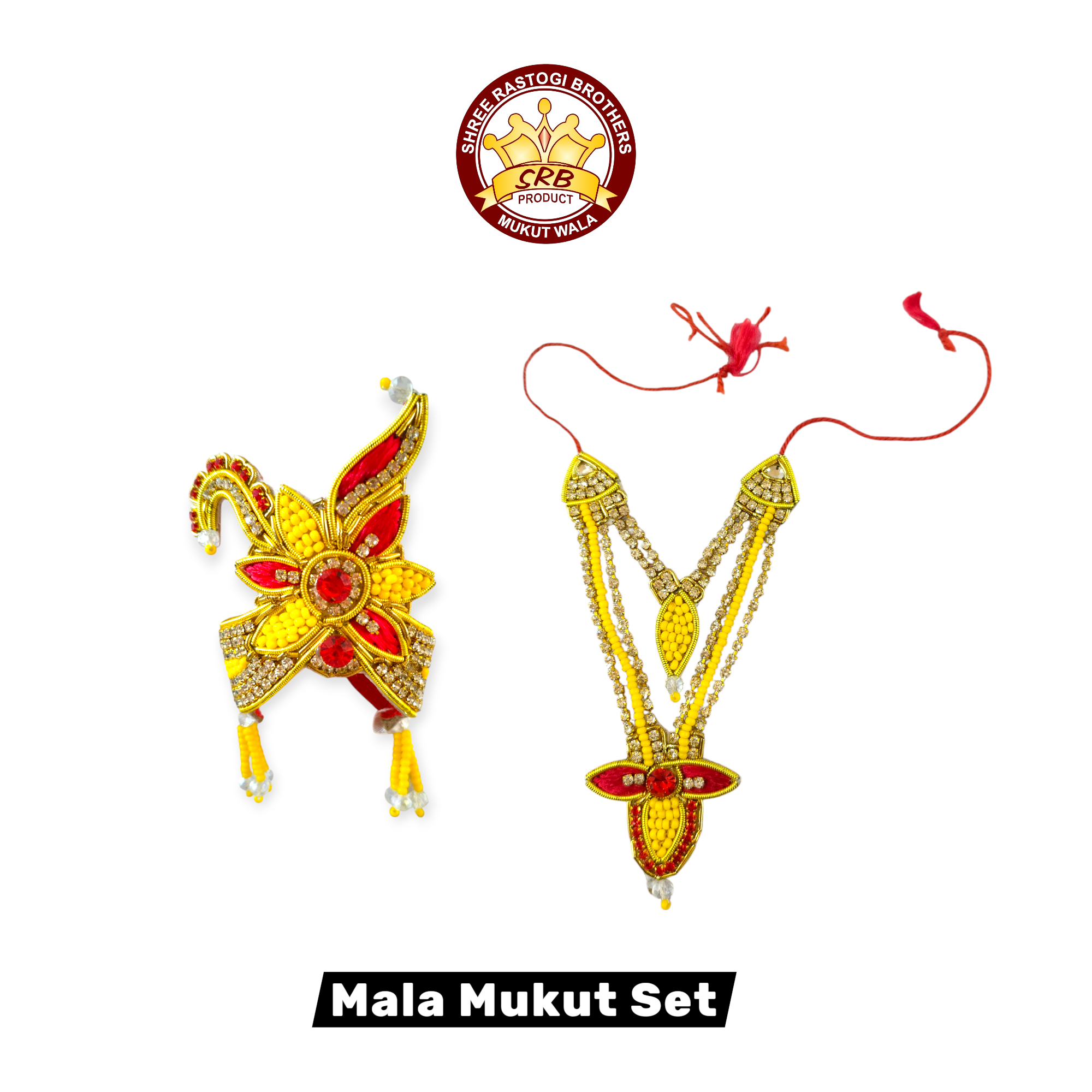 Red & Yellow Combined Color Jari Mukut Mala Set For Laddu Gopal