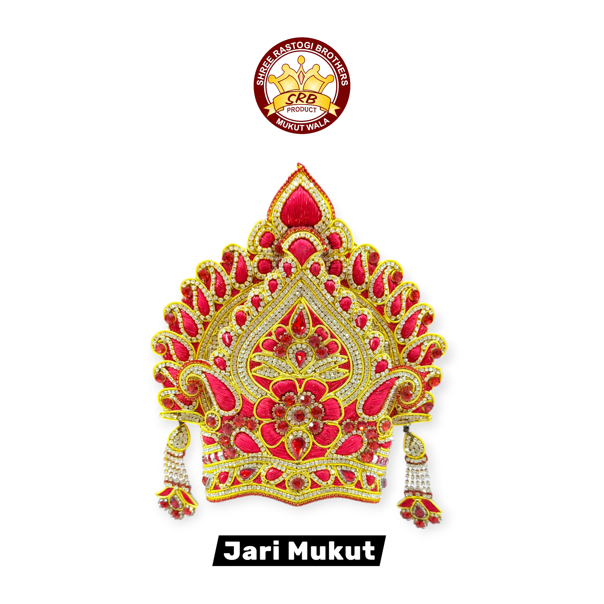 Jari Embroidery Red Color Mukut For All God Idol