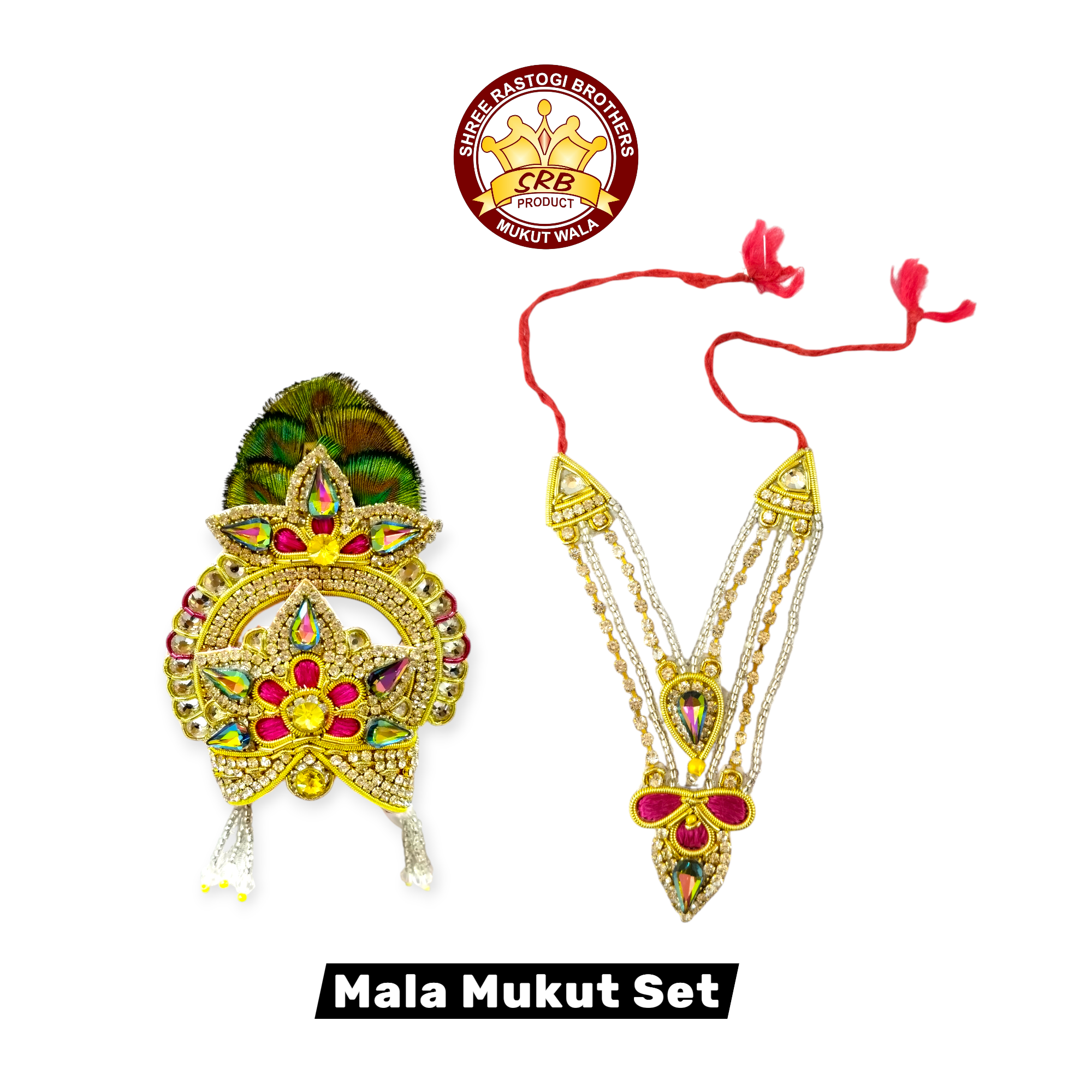 Golden Color Mukut  Matching Mala With Mor Pankh For Laddu Gopal